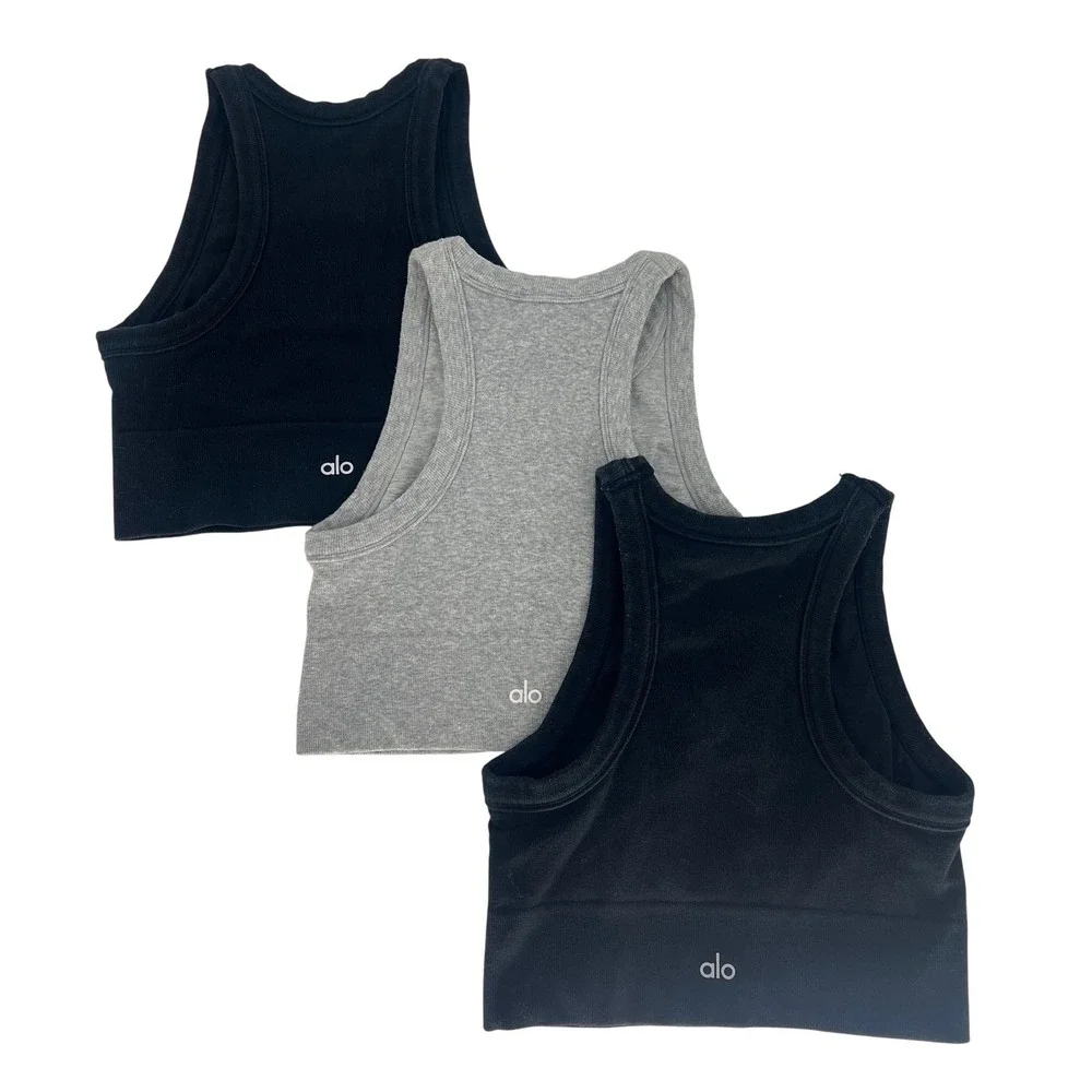 ALO Yoga Seamless Delight High Neck Bra 3-Piece Lot Black Gray Estimated M